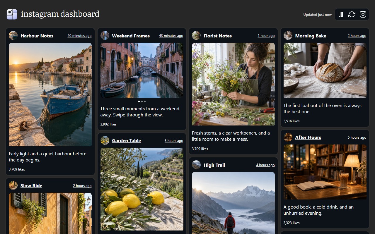 Instagram Dashboard in dark mode, showing a four-column grid of photo and carousel posts with captions.