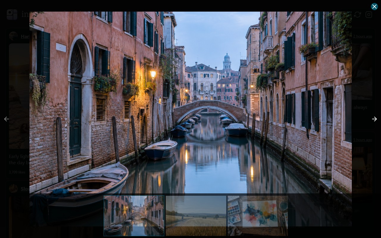 The extension's full-screen media viewer displaying a Venice canal photograph.